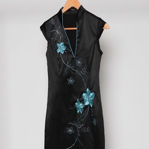 Vintage Black Dress with Blue Floral Embroidery